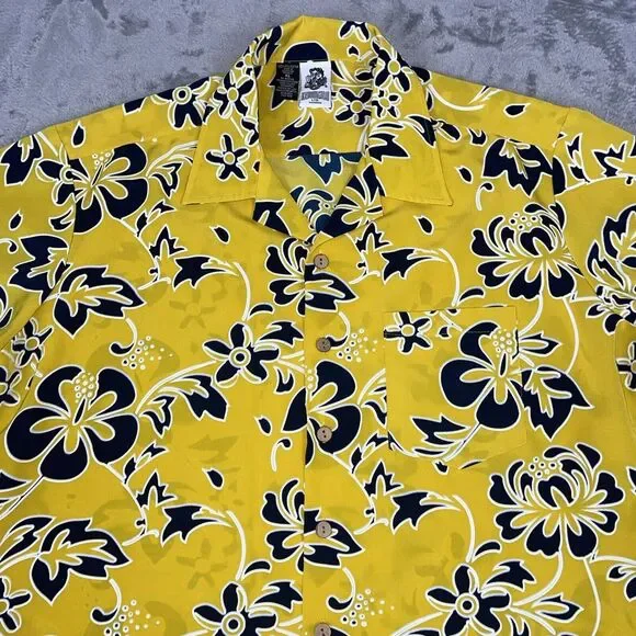 Kennington LTD Mens XL Hawaiian Shirt Yellow/Blue Tropical Floral Vacation *read - Picture 2 of 9
